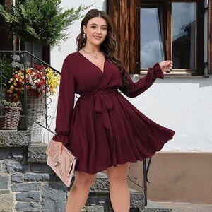 Women's Plus Size 3XL Long Sleeve Wrap V Neck Tie Waist A Line Dress Burgundy